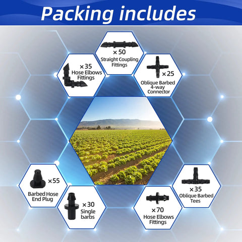 WISSXNA 300-piece barbed drip irrigation fittings kit for 1/4 in tubing; includes elbows, tees, couplings.