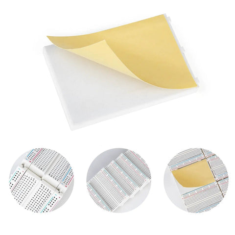 Adhesive backing and close-up of Six Pack 400 Point Solderless Breadboard Kit For Arduino Projects With Dual Power Rails And Color Coded Layout Easy Prototyping Boards For Circuits And Diy Electronics.