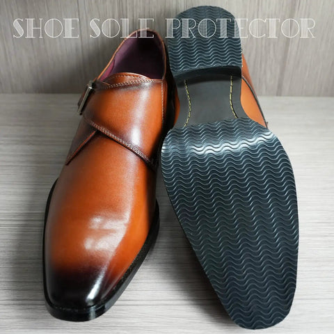 Pair of brown leather shoes with wave pattern sole protector; Two Pairs Across Four Pieces Wave Pattern Shoe Sole Protectors With Self Adhesive Anti Slip Grips And Heel Pads Built To Cut Noise Boost Traction And Prolong Soles On Black Shoes For Daily Use