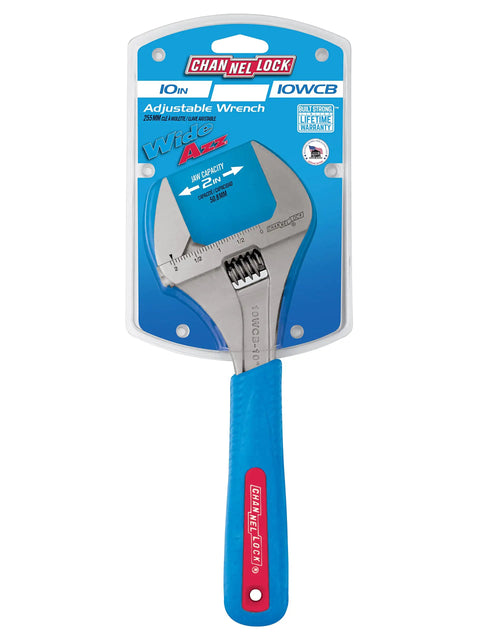Wide Jaw Adjustable Wrench 10WCB WideAzz Code Blue on packaging with 2-inch jaw and blue handle