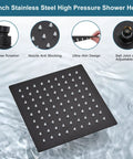 Matte Black Rain Shower System With Wall Mount, 8 Inch Square High Pressure Rain Shower Head in water showing features