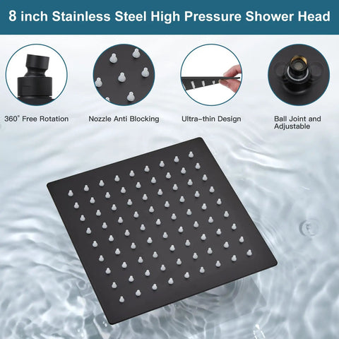 Matte Black Rain Shower System With Wall Mount, 8 Inch Square High Pressure Rain Shower Head in water showing features