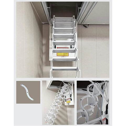 No Sweat Automatic Electric Telescopic Attic Ladder Solid Titanium Alloy Folding Steps inside attic with remote control features.
