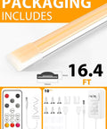 Packaging includes COB LED Strip Lights Pro 16.4Ft Warm White Dimmable Self Adhesive Rope Light With Remote Control.