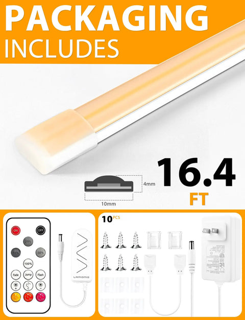 Packaging includes COB LED Strip Lights Pro 16.4Ft Warm White Dimmable Self Adhesive Rope Light With Remote Control.