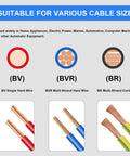 Chart showing BV single hard wire, BVR multi-strand hard wire, BR multi-strand cord for cables, suitable for various applications.