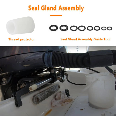 Seal Kit For Hydraulic Steering Cylinders With Pin Wrench HS5157 Marine Grade DIY Friendly Easy Fix For Pivot Front Mounted Steering Fits HC5340 HC5341 HC5342 HC5343 HC5344 HC5345 HC5346 HC6750 HC6751 HC6754 HC6755 And More showing seal gland assembly and tools