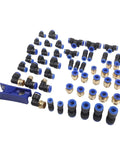 Top Notch 53 Piece Pneumatic Fitting Bundle With Quick Connect Push To Air Hose Links In 1/4 3/8 And 1/2 Inch Sizes Featuring Sturdy Zinc Alloy Elbows Tees And Straight Adapters For Heavy Duty Industrial Plumbing Jobs That Need Zero Leaks And Serious, assorted fittings laid out on white
