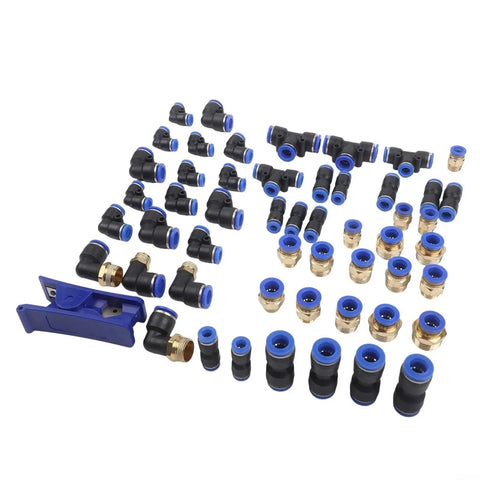 Top Notch 53 Piece Pneumatic Fitting Bundle With Quick Connect Push To Air Hose Links In 1/4 3/8 And 1/2 Inch Sizes Featuring Sturdy Zinc Alloy Elbows Tees And Straight Adapters For Heavy Duty Industrial Plumbing Jobs That Need Zero Leaks And Serious, assorted fittings laid out on white