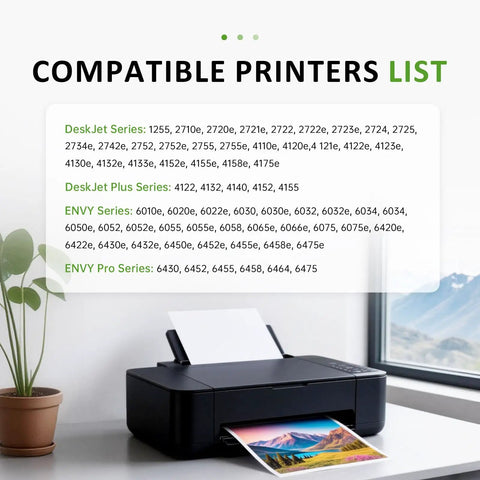 Printer next to compatible printers list including DeskJet and Envy series, highlighting High Yield 67XL Black And Tri Color Ink Cartridge Two Pack