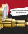 Front view of brass high-pressure nitrogen regulator with two 2.5-inch gauges (CGA-580)
