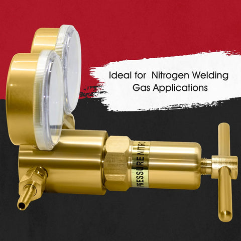 Front view of brass high-pressure nitrogen regulator with two 2.5-inch gauges (CGA-580)
