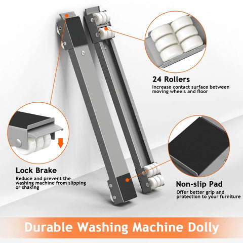 Image showing durable washing machine dolly with lock brake, 24 rollers, and non-slip pad for Extendable Appliance Dolly For Heavy Duty Moving