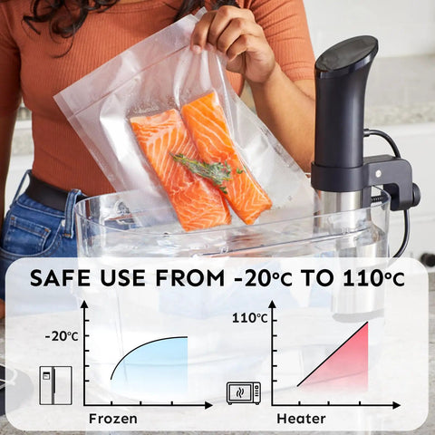 Person using Heavy Duty Vacuum Sealer Bags For Food Storage 6x10 Inch Pint Size 100 Count Pre Cut BPA Free Textured Bags with salmon.