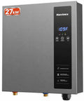 Heavy Duty 27KW Electric Tankless Water Heater With 240V Input And 7.4 GPM Throughput featuring LED touch panel and sleek silver face.