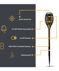 Diagram of Outdoor Solar Flickering Torch Lights 8 Pack Waterproof Patio Tiki Lamps With 12 LED Flame Beams, detailing features like solar power, LED bulbs, and waterproof design.