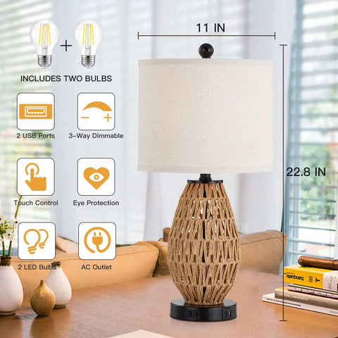 Touch Control Rattan Bedside Lamps Set Of 2 With 3 Way Dimming USB Ports And AC Outlet Wicker Nightstand Lamps Display