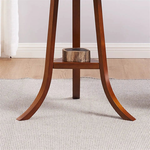 Base of Smooth Industrial TV Table With Open Storage Shelves, Solid Pine Legs, and rounded corners, showcasing a unique design.