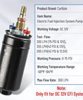 Universal 12V Inline Fuel Pump for EFI Systems, 300 LPH High Flow, Diesel and Gasoline Ready shown with specifications