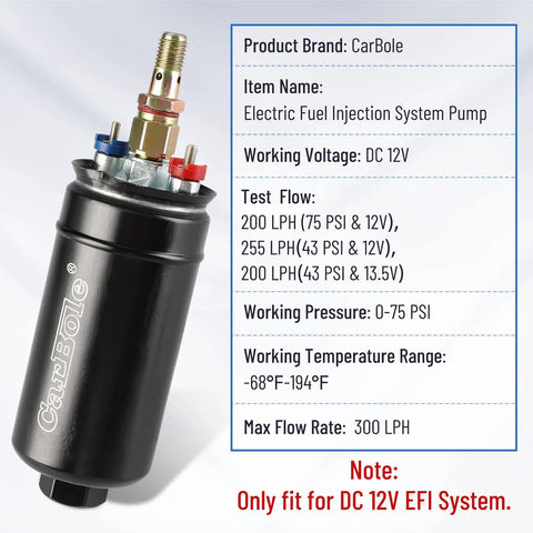 Universal 12V Inline Fuel Pump for EFI Systems, 300 LPH High Flow, Diesel and Gasoline Ready shown with specifications