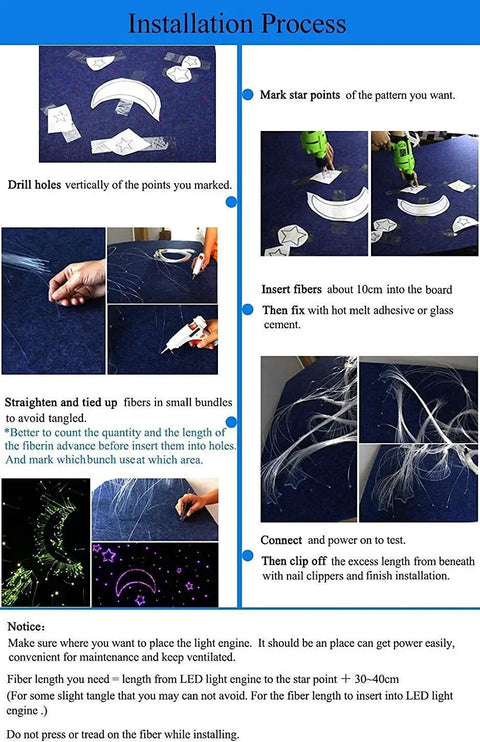 Installation process of Bluetooth 10W Twinkle Fiber Optic Star Ceiling Light Kit With 550 Fibers 13.1ft Lit RGBW Light Engine