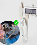 Measuring Road Ready Trailer Breakaway Switch carabiner with caliper, close-up of lanyard connection and 9.3 millimeter gauge.