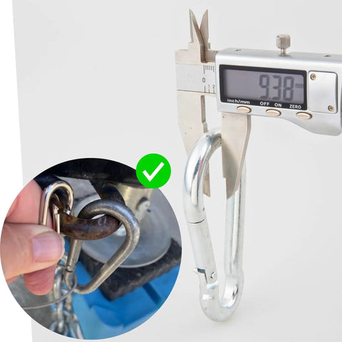 Measuring Road Ready Trailer Breakaway Switch carabiner with caliper, close-up of lanyard connection and 9.3 millimeter gauge.