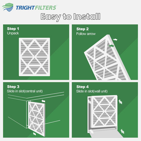 Installation guide for 12X12X1 Air Filter 6 Pack MERV 8 Pleated Replacement, showing steps for HVAC AC furnace installation.