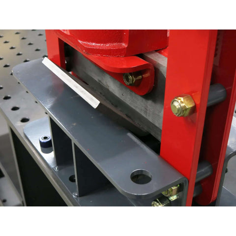 Close-up view of Beefy Benchtop Press Brake Deluxe Kit, 20 Ton Heavy Duty Sheet Metal Bender with 4 Way V Die showing metal detail