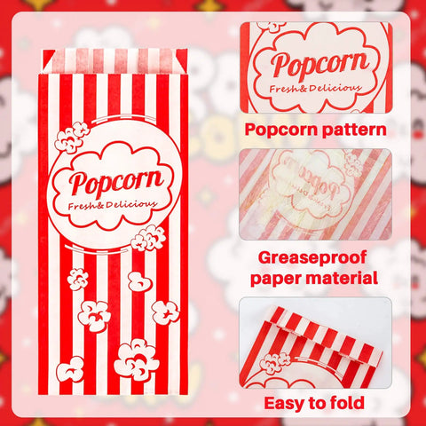 100 Disposable Popcorn Bags 1oz Paper Bags For Popcorn And Kernels Mini Containers with red stripes and popcorn pattern