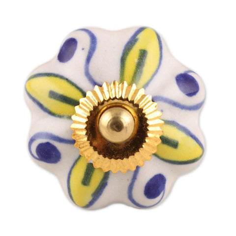 Stunning Artisan Ceramic Cabinet Knobs Featuring Radiant Yellow Floral Blooms Set of Six Handcrafted Boho Kitchen Pulls With Glossy White Details close-up view of one knob