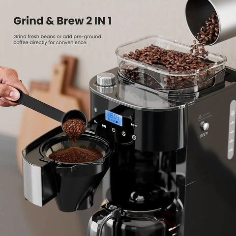 Fresh Ground Bean To Cup Drip Coffee Maker With Built In Auto Grinder Programmable Grind And Brew 24 Hour Timer showing ground coffee preparation.