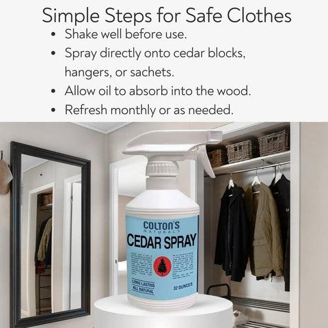 Cedar Wood Spray With Lavender Extract Non Chemical Wood Protection Cedar Scent Keeps Closets Cabinets And Drawers Smelling Fresh All Day In A 32 Ounce Bottle shown in a closet setting.