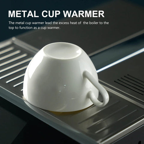 Metal cup warmer for espresso machine, designed to warm cups using excess boiler heat, featuring a sleek white ceramic cup.