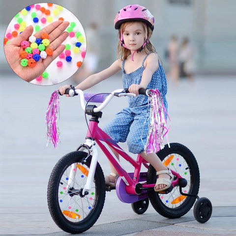 Child on bicycle with 216 Piece Bicycle Spoke Beads Kit With Assorted Color Plastic Clip Beads For Wheel Decoration