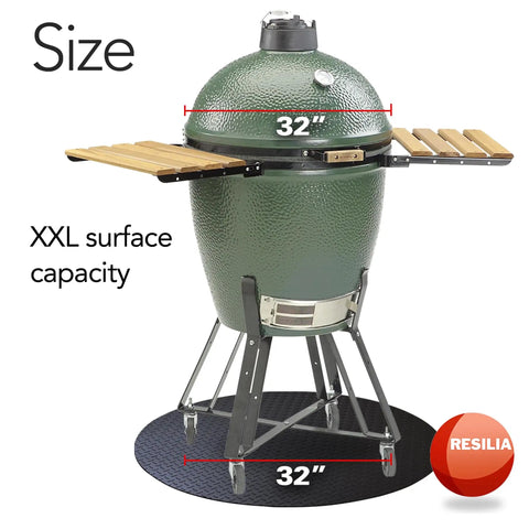 Large green ceramic grill standing on a Heavy Duty Round Grill Mat For Deck, Patio And Garage, 36 Inch Diameter, Diamond Plate Non Slip.