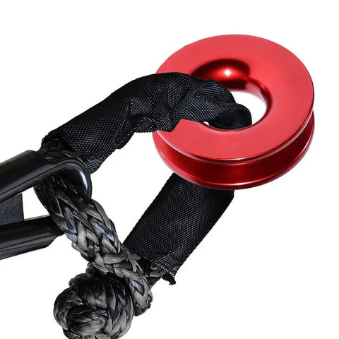 Red Two Pack Aluminum Snatch Recovery Ring, 41,000 Lb Capacity, with rope and shackle, Fits Three Eighths Or One Half Inch Winch Ropes
