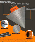 Front view of a 2-inch diamond beveling chamfer bit with 5/8-11 thread adapter for trimming and enlarging tile holes.