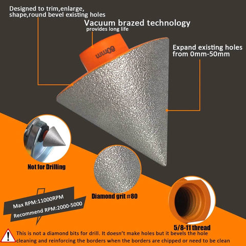 Front view of a 2-inch diamond beveling chamfer bit with 5/8-11 thread adapter for trimming and enlarging tile holes.