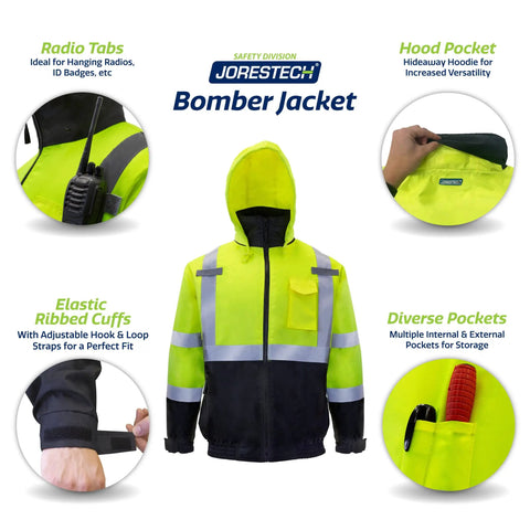 Hi Vis Reflective Bomber Jacket For Men With Two Inch Reflective Strips, ANSI Class 3 Type R Waterproof shown with features