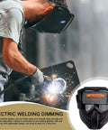 Top Shelf Auto Darkening Welding Helmet Full Face Arc Flash Shield Rig With Giant Anti Glare Lens Heavy Duty Uv And I R Filter Solid Eye Safety Kit Built For Real Pros And DIY Bosses On The Job Site, worn during welding.