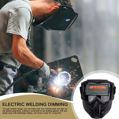 Top Shelf Auto Darkening Welding Helmet Full Face Arc Flash Shield Rig With Giant Anti Glare Lens Heavy Duty Uv And I R Filter Solid Eye Safety Kit Built For Real Pros And DIY Bosses On The Job Site, worn during welding.