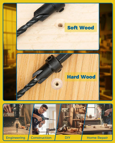 16 Piece Countersink Drill Bit Set With Adjustable Depth Tapered Bits And 4 Wood Plug Cutters, drilling in soft and hard wood