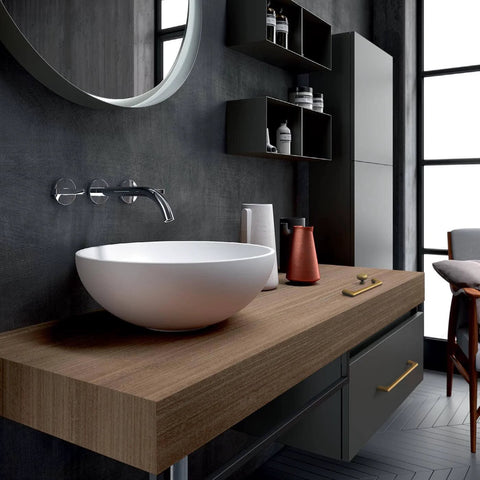 Modern bathroom with antique brass cabinet pulls 5 inch hole centers 128mm vintage style drawer cupboard wardrobe hardware set installed.