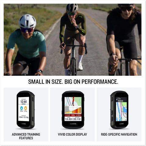 Cyclists using a compact GPS cycling computer with dope color display, bike specific mapping, advanced training insights.