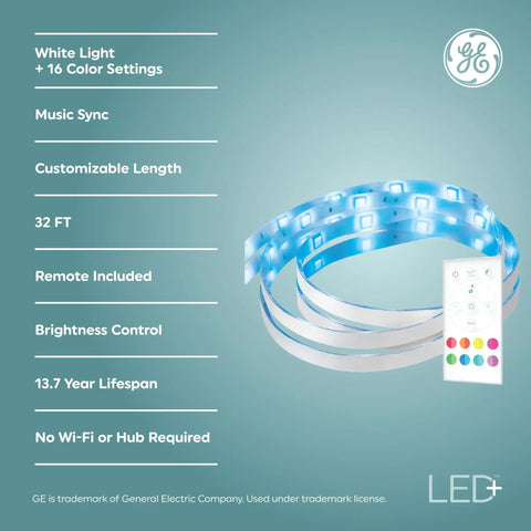 Color Changing LED Light Strip With Remote 32 Feet Of Lit Mood Lighting 13W Power Music Sync Easy Peel And Stick Install Cuttable To Fit No App Or Hub Needed RGB Strip Lights For Home Parties Gaming and features list.