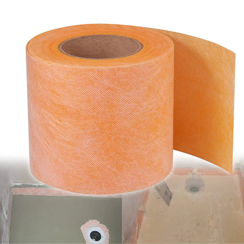Waterproof Tile Underlayment Membrane For Shower And Bathroom Floors With Heavy Duty PE Fabric Uncoupling Barrier 5 Inch By 100 Foot Roll Anti Seepage Durable Floor Prep No Fuss Install showing an orange roll and application.