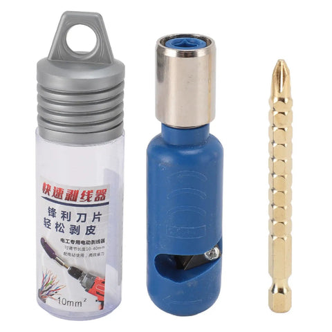 Jiawu Electric Drill Wire Stripping Tool Kit with blue attachment and hex shank in compact housing for quick cable peeling.