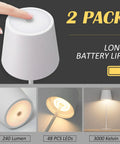Cordless Rechargeable LED Table Lamp 3W 5000mAh Waterproof Outdoor Desk Light displayed as a two-pack, showing button and LED features.