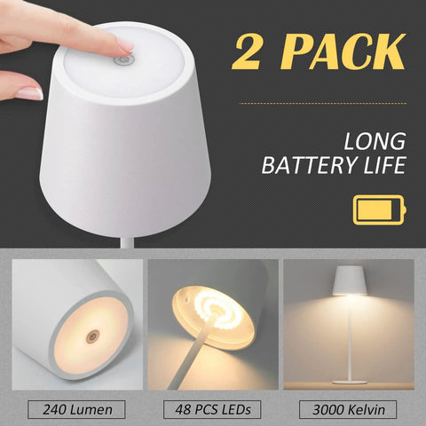 Cordless Rechargeable LED Table Lamp 3W 5000mAh Waterproof Outdoor Desk Light displayed as a two-pack, showing button and LED features.